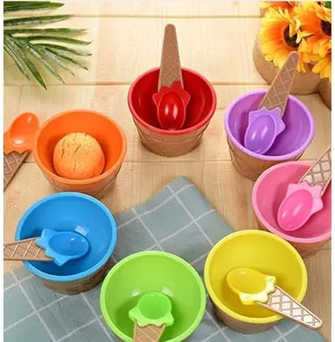 Reusable 6 Pieces Ice Cream Bowls, Colorful Ice Cream Bowls with Spoons Thickening Plastic Dessert Bowls Cute Dessert Container Holder for Family, Camping, Party