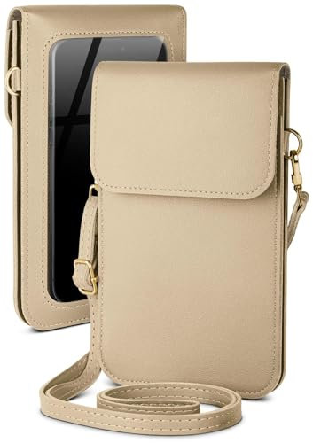 moex Handytasche zum Umhängen für iPhone 11 Pro – Kleine Handtasche mit Handyfach und Sichtfenster, 2 zusätzliche Fächer - Handy Umhängetasche Damen, Sandbeige