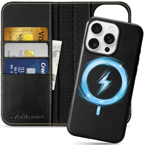 SHIELDON Case for iPhone 16 Pro 6.3, Genuine Leather 2 in 1 Detachable Wallet with Card Holder [RFID Blocking][Kickstand] Magnetic Wireless Charging Case Compatible with iPhone 16 Pro - Retro Black