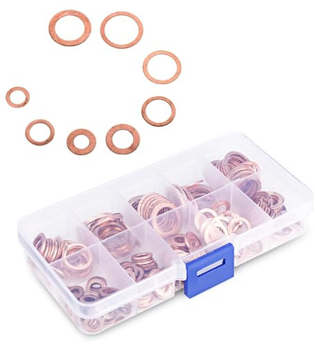 120Pcs Copper Washers, 8 Sizes Assorted Flat Metal Washers Kit Oil Drain Plug Gasket Engine Oil Crush Washer (M6/M8/M10/M12/M14/M16/M18/M20)