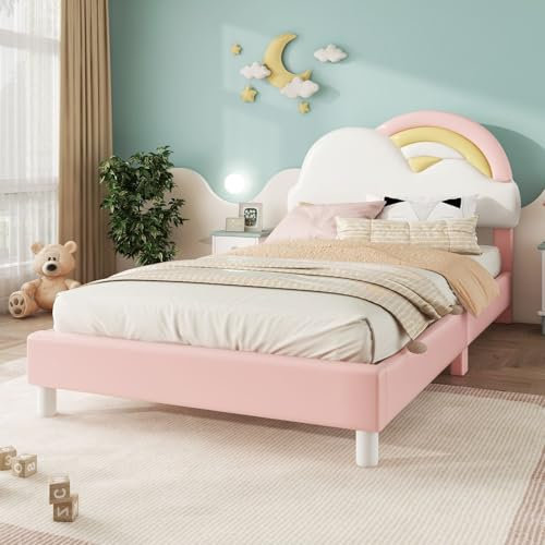 KOMHTOM Lit d'Enfant Rembourré avec Tête de Lit, Cadre de Plateforme avec Sommier à Lattes en Bois, pour Adolescent, Chambres à Coucher (sans Matelas) (Rose, 90x200 CM)