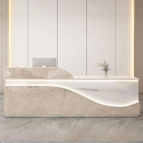 GUQASDV Reception Table, Empfangstheke Rezeption, Reception Desk Salon, Empfangstresen Holzwerkstoff mit Lichtstreifen für Lobby, Schönheitssalons(Beige Texture+White,1.3m)