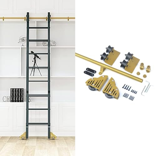 Kit de herrajes para escalera deslizante para biblioteca, 100 cm, 200 cm, 300 cm, 400 cm, 500 cm, 600 cm, rieles de escalera rodantes, rieles de escalera móviles de tubo redondo dorado con ruedas(400c