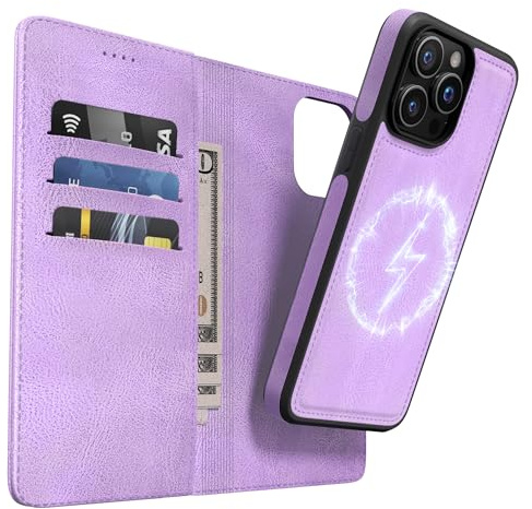 OASISBLUE iPhone 15 Pro Hülle,[2 in 1 Magnetisch Abnehmbar] Kabelloses Laden Kompatibel Stoßfest Schutzhülle Lederhülle Klapphülle Handyhülle für iPhone 15 Pro - lila
