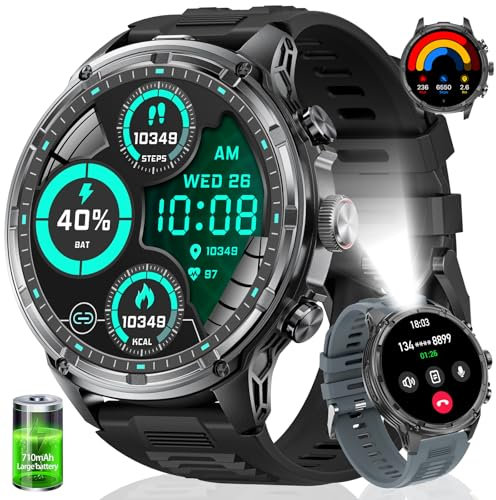 Smartwatch Herren(Telefonfunktion),1.85‘’ HD Großes Display/710 mAh Akku Sportuhr Herren mit Taschenlampe/5ATM Wasserdicht/120+ Sportmodi Fitnessuhr mit Herzfrequenz,Schlafmonitor für Android iOS