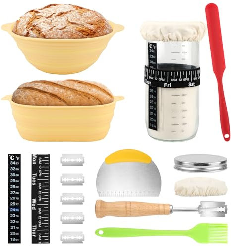 Gärkörbchen Set,2 Gärkörbe aus Silikon (Oval & Rund),32 OZ Sauerteig Starter Kit, Sauerteig Starter Set,Brotbackzubehör für Sauerteigbrot, Inklusive Gärkorb & Zubehör für Brotbacken