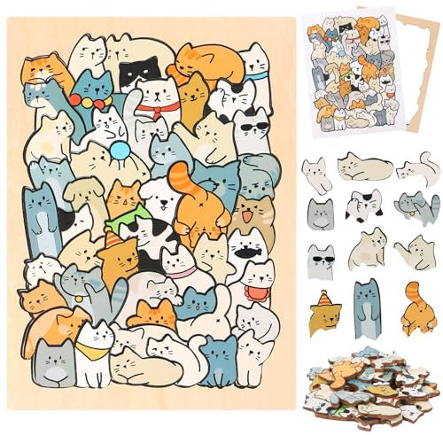 LALASTYLE Cats Wooden Puzzle,50PCS Unique Cat-Shaped Wooden Jigsaw,Cats Ornament Wood Puzzles,IQ Puzzle Challenging Brain Teaser & Home Decor Gift