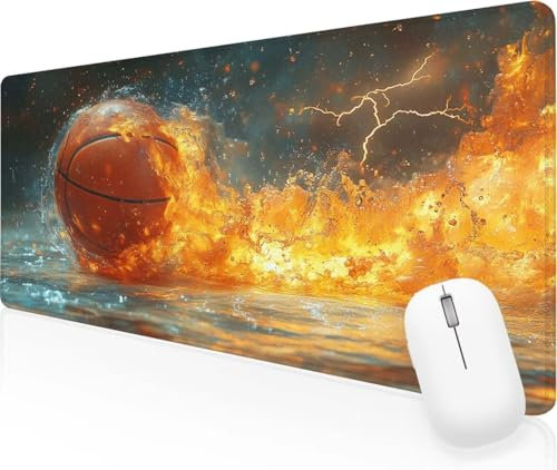 Mousepad Basketball Feuer Mauspad XXL 600x300x3mm Große Schreibtischunterlage Gaming Tastatur Matte, Wasserdicht Anti Rutschfeste Gummibasis,Verbessert Geschwindigkeit und Präzision, Office Deko J-825