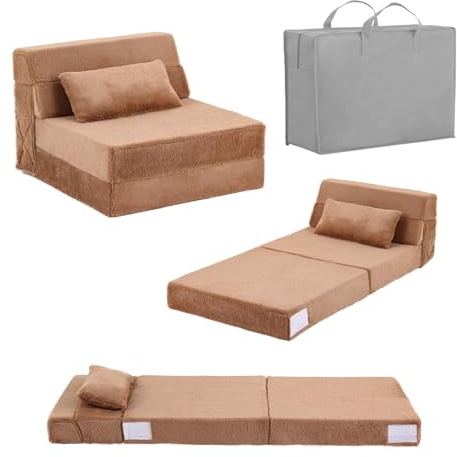 SESHINELL Kids 4-Fold Sofa Bed, Convertible Toddler Chair Bed, Folding Couch for Playroom, Bedroom or Living Room, Fold Up Modular Floor Futon Mattress Sofa for Boys & Girls, Plush Brown