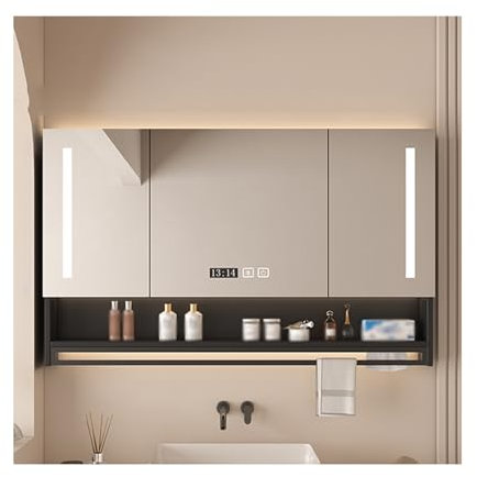 CVERTHAF Armoire à Pharmacie éclairée, Armoire à Pharmacie à Trois ou Deux Portes, Miroir LED avec Rangement, antibuée pour Salle de Bain (sans Panneau arrière), Blanc, Noir (Noir, l 80 cm x H 70 cm/