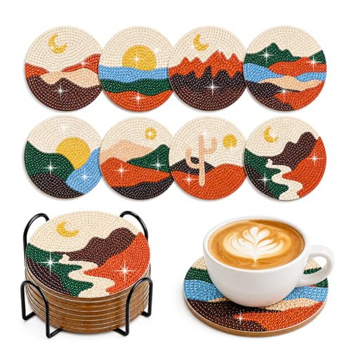 8 Pcs Diamond Painting Coasters Kit with Holder | DIY Round Diamond Crafts Coasters, Art Coaster Kits for Beginners and Adults, Wooden Coaster Set with Cork Base