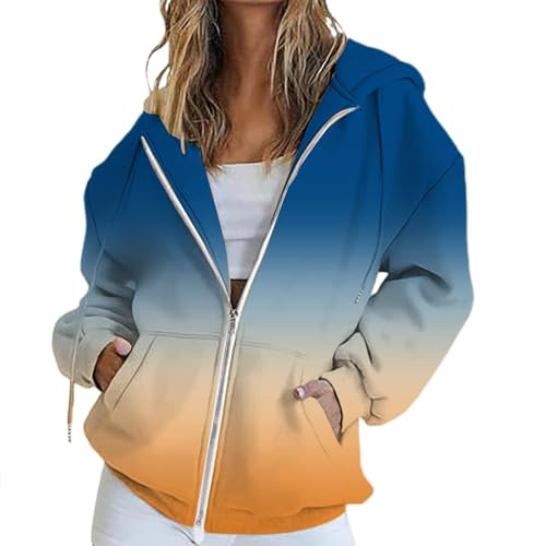 Uwdiohq Felpa Donna con Zip Cappotto Sportiva Leggero Hoodie Casual Classico Colori sfumati Felpe con Cappuccio Giacca Leggero Hoodie Cotone Manica Lunga Sweatshirt Aperto con Tasche