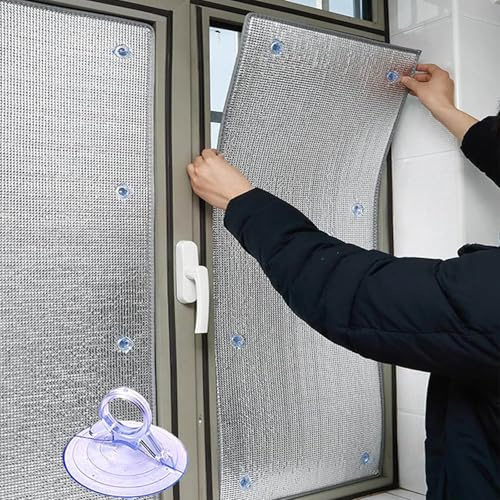 Kit de película aislante de aluminio para ventanas, lámina reflectora de radiador, paneles de película térmica para áticos y cobertizos con ventosa (50 cm x 110 cm)