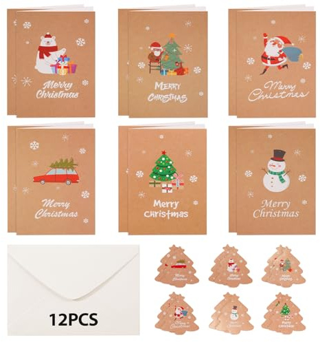 ALULU 12 Weihnachtskarten mit Umschlägen A6 | 6 verschiedene Motive, Blanko-Klappkarten, ideal für Weihnachtsgrüße