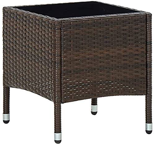 HaoChrymec Gartentisch aus PE-Rattan mit Glasplatte, Stahlgestell, Ideal für Balkon und Garten, Beistelltisch Outdoor, Loungetisch, Braun, 40 x 40 x 45 cm