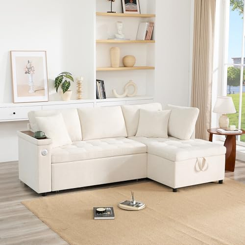NNJN Modernes L-Sofa, ausziehbares Schlafsofa mit Schlaffunktion, ausgestattet mit Stauraum, Getränkehalter, USB-Ladegerät, Armlehnenablage und 2 Kissen, geeignet für Wohnzimmer, usw (Beige)