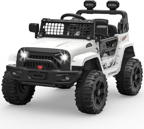 HAUSPROFI 12-V-Elektro-Aufsitz-LKW für Kinder mit Fernbedienung für Eltern | Federung und Bluetooth | Offroad-Spielzeugauto, Geburtstags Kleinkinder, Jungen und Mädchen – Weiß