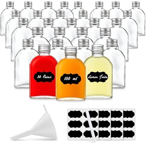 Amajoy 30 x 100ml leere Glasflaschen Tasche Likörflaschen mit Schraubverschluss, 100 ml Weinflasche Schnapsflasche Essig Öl Flasche zum befüllen 0,1 Liter (30 x 100ml)