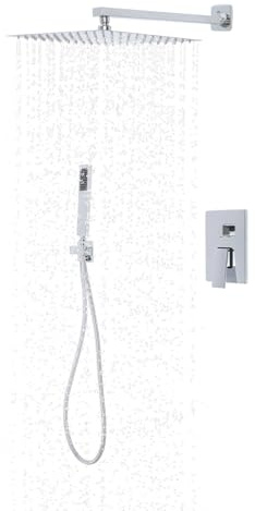 Unterputz Brausegarnitur Duschkopf Set, Quadratisch 30 Cm Regendusche + Handbrause, Edelstahl Wandmontage 360° Verstellbar Schlauch für Bad Hotel Fitnessstudio Silber