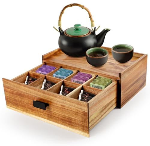 Tea Bag Storage, Acacia Wood Capacity Tea Box Organiser Drawer with12 Compartments, Wooden Storage Box for Countertop Living Room, Kitchen, Office, Home Decor
