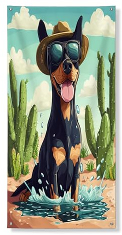 Niedliches Dobermann-Hunde-Türbanner dekorativ, lustige Kaktus-Wüste, Haustürabdeckung, Hintergrunddekoration, für drinnen und draußen, Haustier-Hof-Hintergrund, Zubehör, 91,4 x 183,9 cm