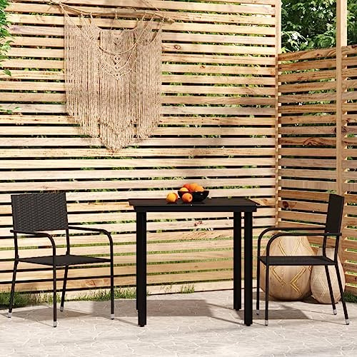 JHQHSM 3-TLG. Garten-Essgruppe Schwarz mit Stahlrahmen und PE-Rattan Stühlen - Stapelbare Outdoor Möbel mit Glasplatte für Terrasse und Garten - Robuste Sitzgruppe für den