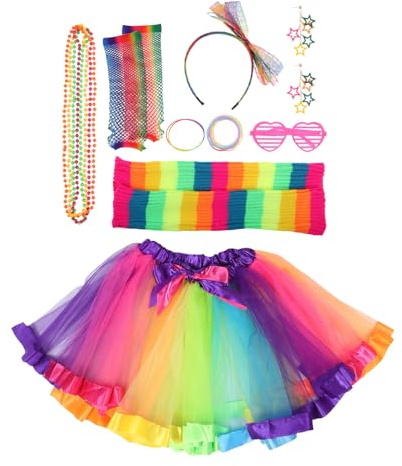 HEMOTON Neon Party Kostümset Damen im Retro 80 Stück Stil mit Atmungsaktivem Polyester Rosa Tüllrock und Komfortablen Kunststoff Accessoires für Karneval und Partys