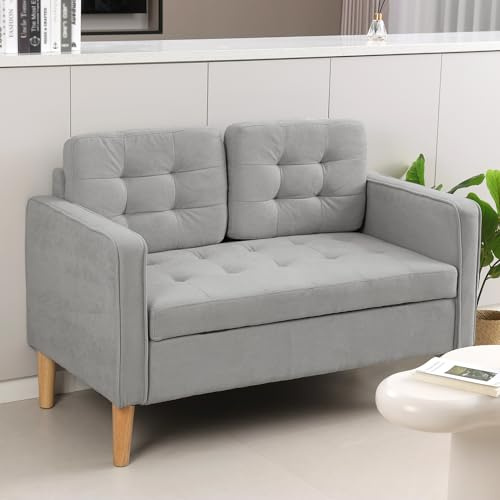 HOMELEN Zweisitzer-Sofa mit Stauraum, Knopfheftung, Kissen, Kautschukbaumholz, 117x62x78cm, Hellgrau,für Heimbüro Wohnzimmer Schlafzimmer,Wohnzimmer Sofas Couches