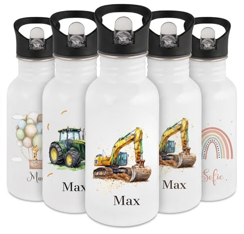 smartaini Personalisierte Trinkflasche Kinder auslaufsicher mit Namen – Edelstahl Trinkflasche für Schule & Kindergarten – Robuste Wasserflasche mit Sportverschluss & Griff (Bagger)
