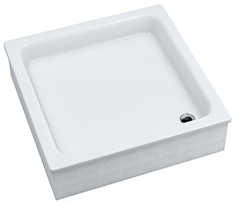 Sellon24® Plato de ducha con soporte, acrílico sanitario, color blanco, estable y brillante, juego compacto, soporte de poliestireno, para azulejos, plato de ducha, cuadrado profundo (80 x 80 x 26)