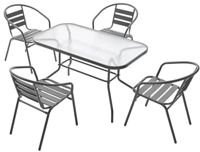 MAT-COMPANY modernes Gartenmöbel Set Tisch 120x70 cm mit 4 Stühlen Metall Glasplatte Balkon Terrasse Garten Set wetterfest stapelbar