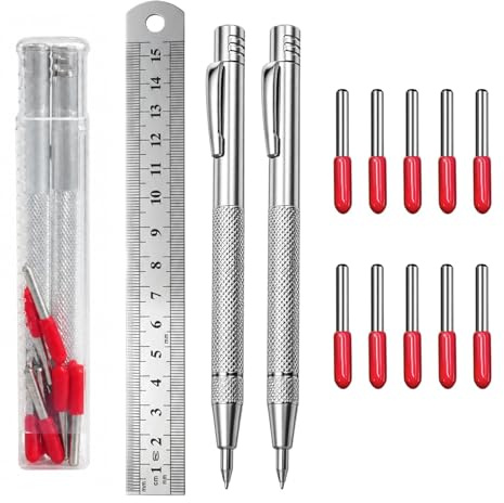 Lot d'outils de Marquage Avec 2 Aiguilles de Marquage en Acier Au tungstène, 10 Pointe à Tracer de Rechange, Règle en Acier de 15 cm et Queue Magnétique pour Déchirer et Graver le Métal le Verre
