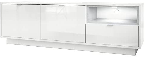 Vladon TV Unit Stand Metro, Carcass in White High Gloss/Front in White High Gloss with an insert in Concrete Grey Oxid, incl. LED lighting