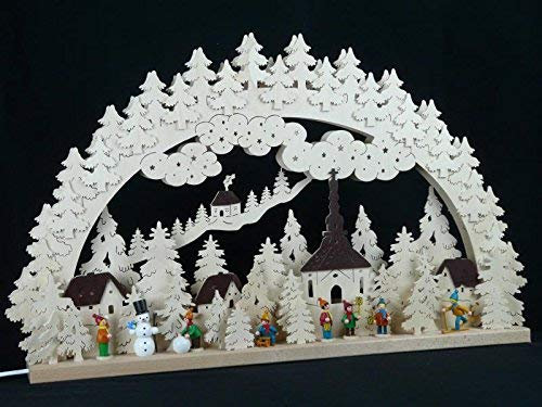 Rudolphs Schatzkiste Schwibbogen mit Seiffener Kirche Winterkinder und Beleuchtung BxHxT 70x45x7cm NEU Lichterbogen Fensterbogen Spitzbogen Erzgebirge Seiffen Weihnachten Licht Holz Dekoration