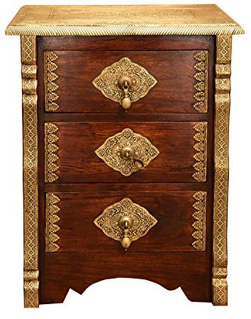Casa Moro Orientalische Kommode Leyla 42x34x55 cm (B/T/H) mit 3 Schubladen aus Massivholz Sheesham mit Messing verziert | Kunsthandwerk | schmale Echtholz Kommoden-Schrank Handmade Nachttisch