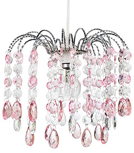 Contemporary Waterfall Designed Pendant Light Shade with Pink and Clear Acrylic Droplets - Chrome Plated Metal Frame by Happy Homewares