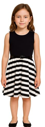 A2Z 4 Kids Girls Skater Dress Striped Panel Belted Summer Party Dance Sun Dresses Sleeveless Flared Comfortable Lightweight Trendy Casual Party Wear Dresses Age 5-13 Years