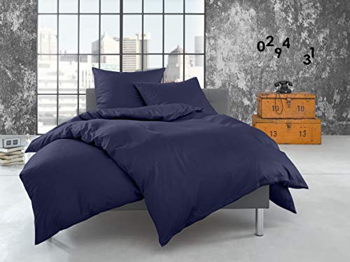 Bettwaesche-mit-Stil warme Fein Flanell Winter Bettwäsche dunkelblau Uni/einfarbig 200x220 + 2X 80x80 cm - 100% Baumwolle