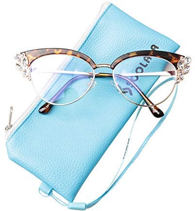 SOOLALA Ladies Reading Computer Glasses Rhinestones Blue Light Blocking Lens Eyeglasses Frame, Leopard, +1.75