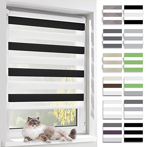 BelleMax Doppelrollo Klemmfix ohne Bohren & mit Bohren, 40x120cm(BxH), Weiß Schwarz, Duo Rollo, Sonnenschutz lichtdurchlässig Blickdicht, Klemmrollo Fensterrollo, Rollos für Fenster und Tür