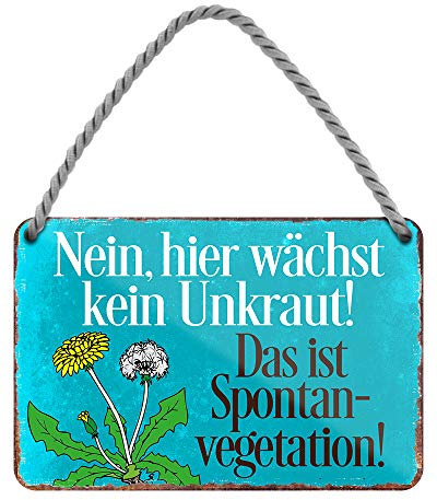 Das ist Spontanvegetation - witziges Metallschild mit Kordel und Saugnapf - lustiges Retro Deko Hängeschild - Dekoration für Balkon Terrasse Garten Schrebergarten Haustür - 18x12cm