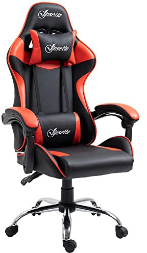 Vinsetto Silla Gaming Silla Racing Giratoria con Altura Ajustable Reclinable de 135° Reposacabezas y Cojín Lumbar para Oficina Estudio 63x67x122-130 cm Rojo