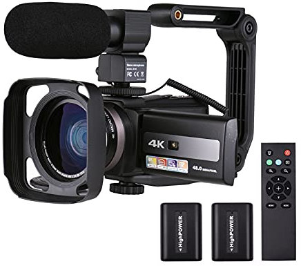 Camnoon 4K Digitale Videokamera DV-Camcorder 48MP 16X Zoom LCD-Touchscreen WiFi-Sharing IR-Nachtsicht Anti-Shaking-Zeitraffer Zeitlupe mit Fernbedienung 2 Akku Externer Mikrofon-Griff
