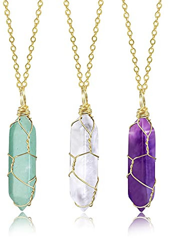 ASH'S CHOICE Kristall Kette Gold, 3 Stücke Amethyst Kette Kristalle Heilsteine Kette Klarerquartz Grüner Aventurin Sechseckig Edelstein Anhänger Heilkristalle Halskette Damen