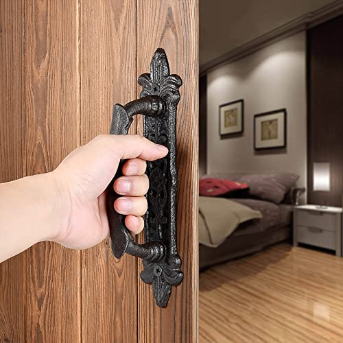 INIRET Confezione da 4 maniglie resistenti per porte da fienile, 22,6 cm, grandi maniglie rustiche intagliate per porte, in ghisa, marrone scuro, rustiche, vintage, cancelli, recinzioni, garage,