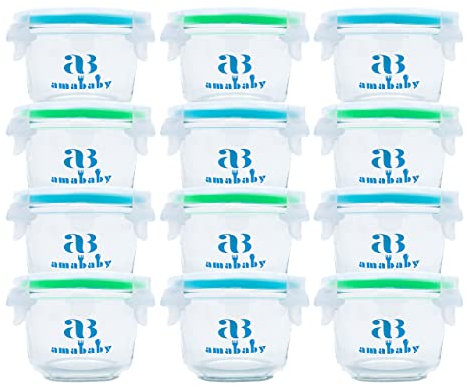 Amababy Premium Glass Food Storage Jars Baby Food Storage Jars 12 Pack Freezer, Microwave & Dishwasher Safe Airtight Locking Lids Store Meals, Snacks and Dips 150ml storage jars