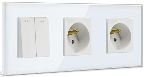BSEED Interrupteur avec prise Double Blanc,2 Gang 1 Voie Interrupteur d'éclairage pour la salle de bains+Schuko Prise Murale,10A Interrupteur à bascule avec panneau en verre+16A Double prise murale