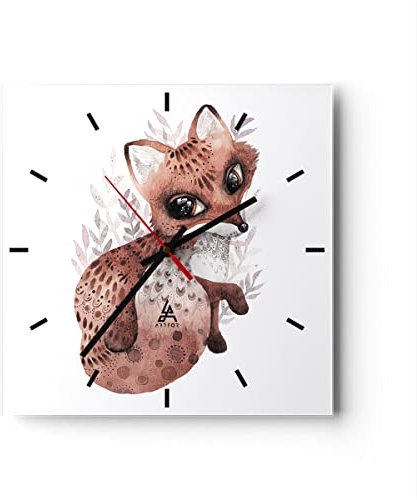 Modern Wanduhr Fuchs November Tier 30x30cm Quadrat Klein Wand Uhr Glas Analog Zimmeruhren Küche Büro Wohnzimmer Glasuhr Wall Clock Dekoration Design Wanddekoration Küchenuhr C3AC30x30-4968