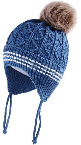 LANGZHEN Kleinkind Nette Pompom Design Beanie Stricken Warme Winter Hüte für Kleinkind Baby Boys (Blau, S,6-12,Months)