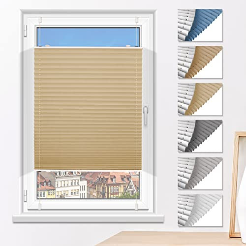 Plissee Verdunklung ohne Bohren Verdunklungsplissee Klemmfix Hellbeige 95x120cm(BxH) Faltrollo 100% Blickdicht Sonnenschutz & Schallschutz Plisseerollo für Fenster & Tür
